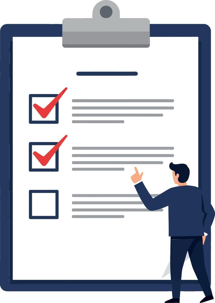 A professional man standing beside a clipboard filled with checkboxes in a minimal flat illustration setting, showcasing organization and productivity in art vector