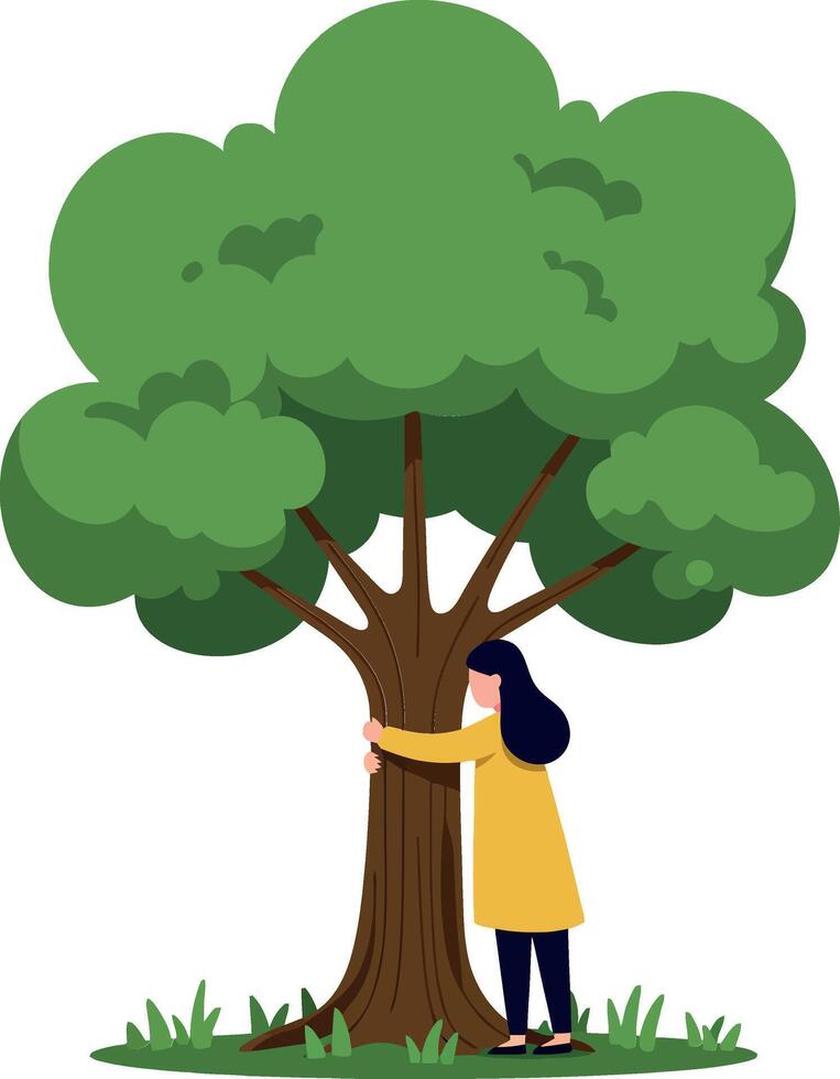 A woman in a yellow coat joyfully hugging a large green tree in a minimal illustration vector