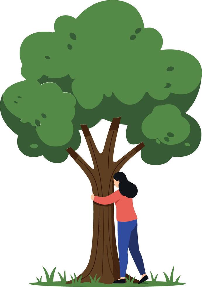 A woman embracing a green tree in a lush, minimal landscape showcasing environmental appreciation in vibrant art vector