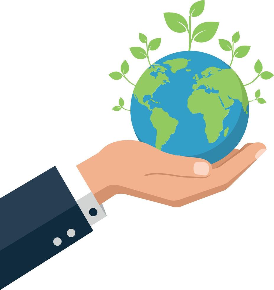 A human hand holding a globe with green leaves in a minimal design showcasing environmental care and sustainability in art vector