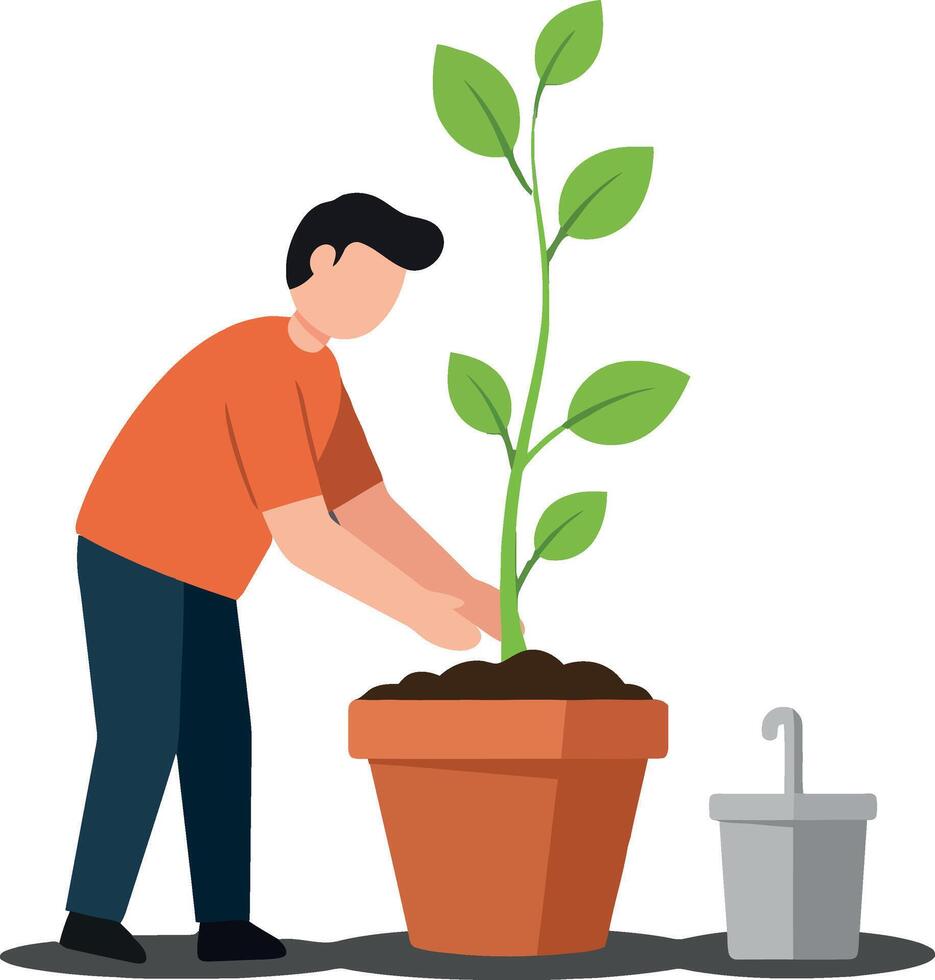 A man in an orange shirt tending to a potted plant in a minimal flat design illustration vector