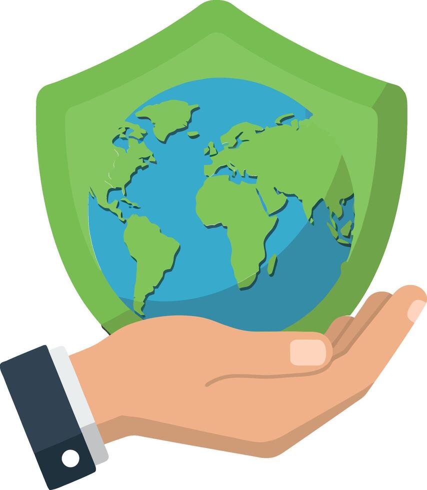 A hand holding a shield with a globe symbolizing environmental protection in a flat illustration vector
