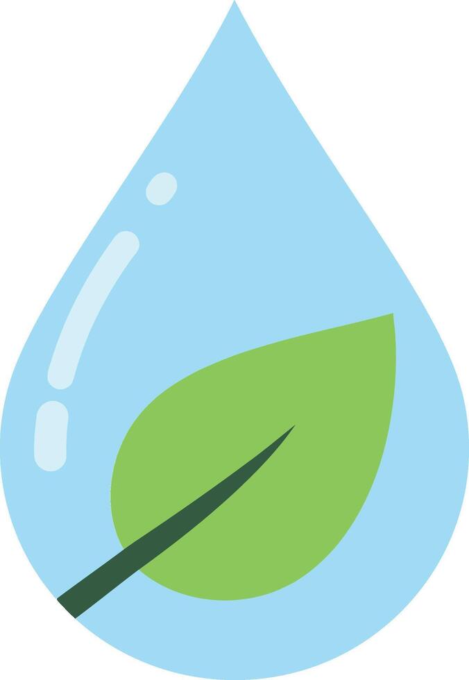 Water droplet with a green leaf inside, featuring a flat design style, symbolizing nature and sustainability in art vector