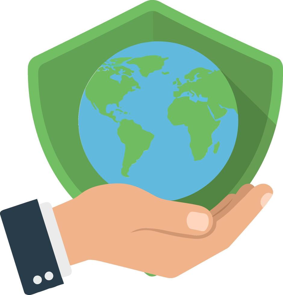 Hand holding a green shield with a globe symbolizing environmental protection in a flat illustration vector