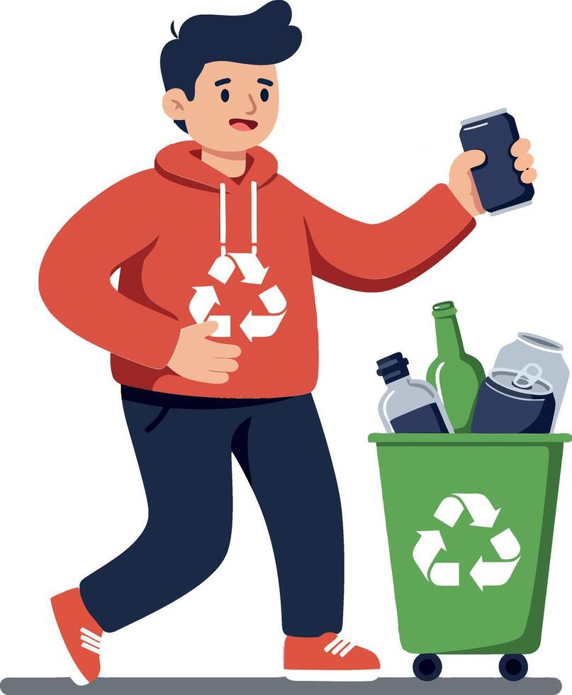 Young man in a red hoodie recycling bottles and cans, smiling while walking with a smartphone, minimal illustration vector