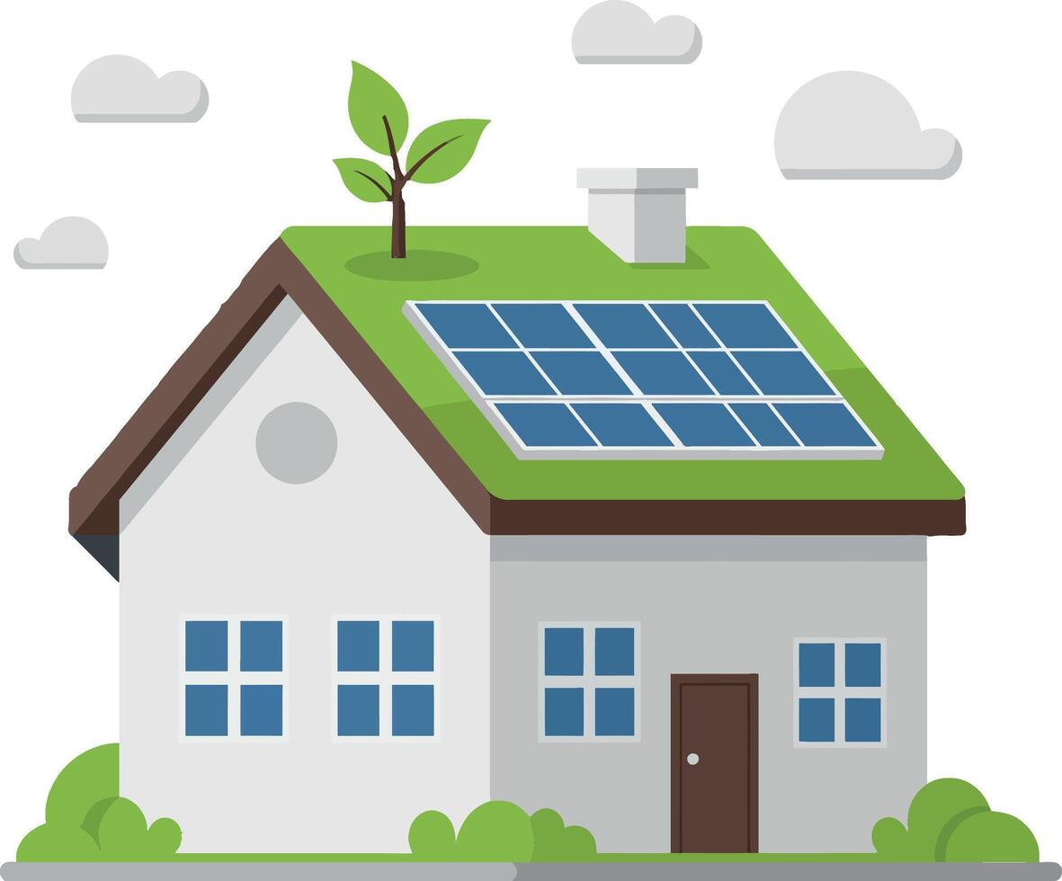 Eco-friendly house with solar panels and greenery in a flat design illustration showcasing sustainable living and modern architecture vector