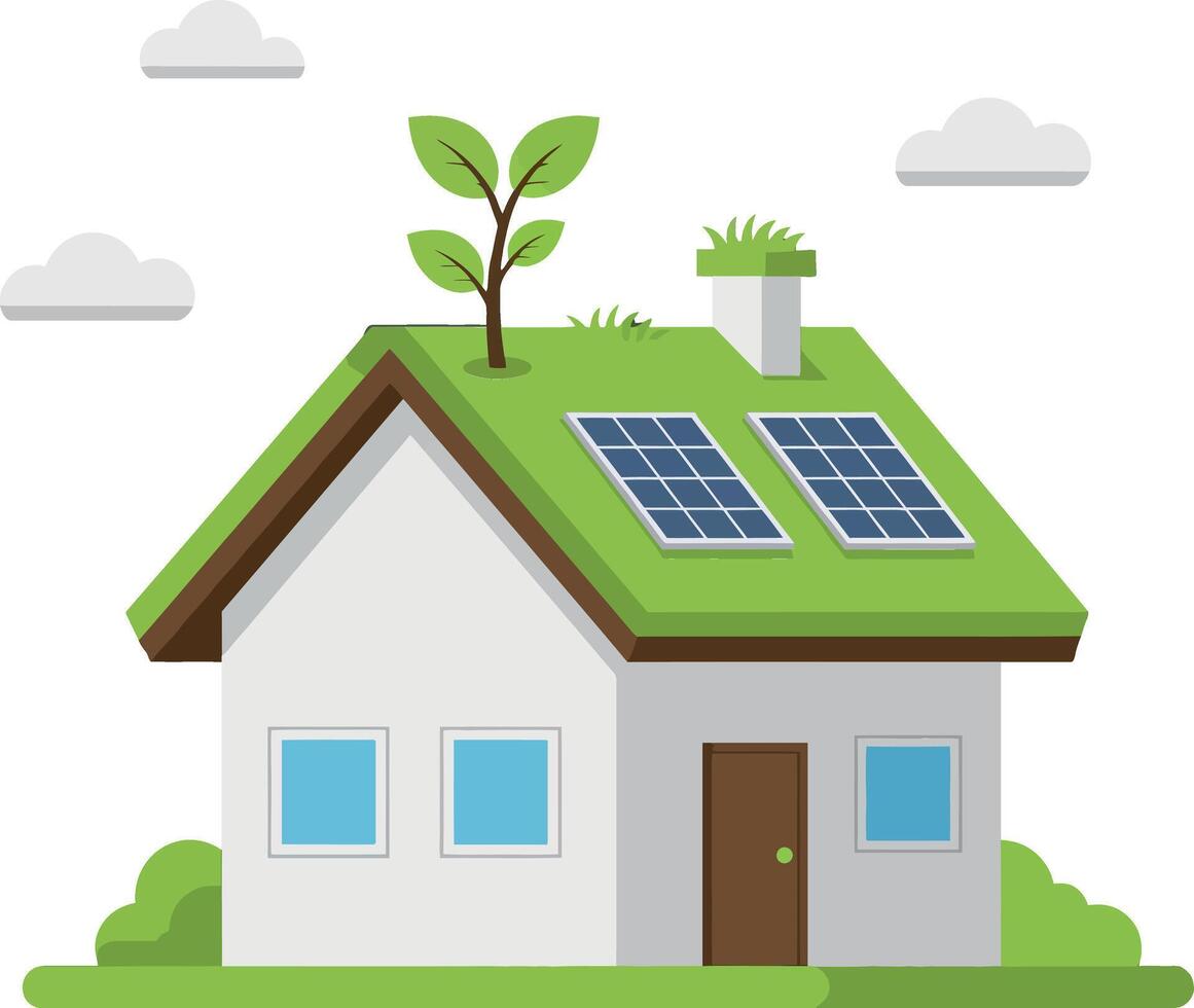 Eco-friendly house with solar panels and greenery on the roof in a minimal illustration style depicting sustainability and modern living vector