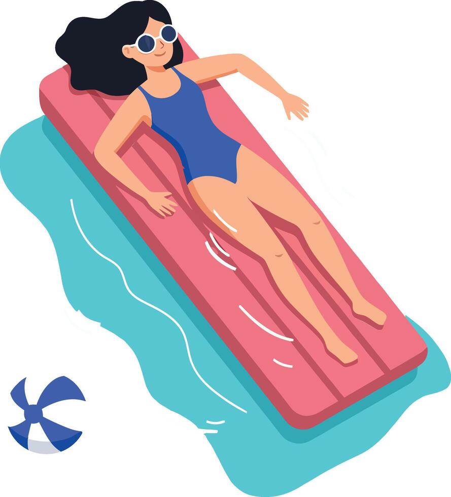 A woman relaxing on a pink float in clear blue water wearing sunglasses, enjoying a summer day in flat art vector