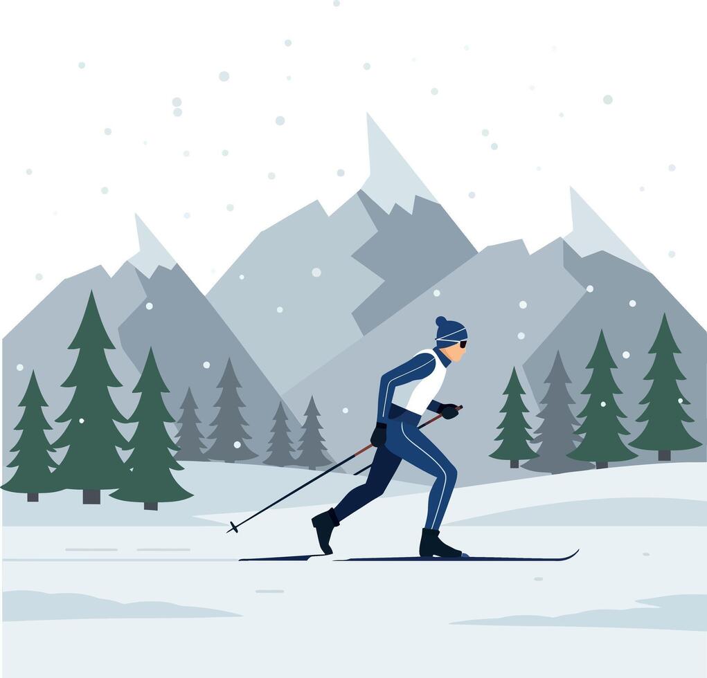 A man skiing through a snowy landscape surrounded by tall evergreen trees and majestic mountains in a flat illustration vector