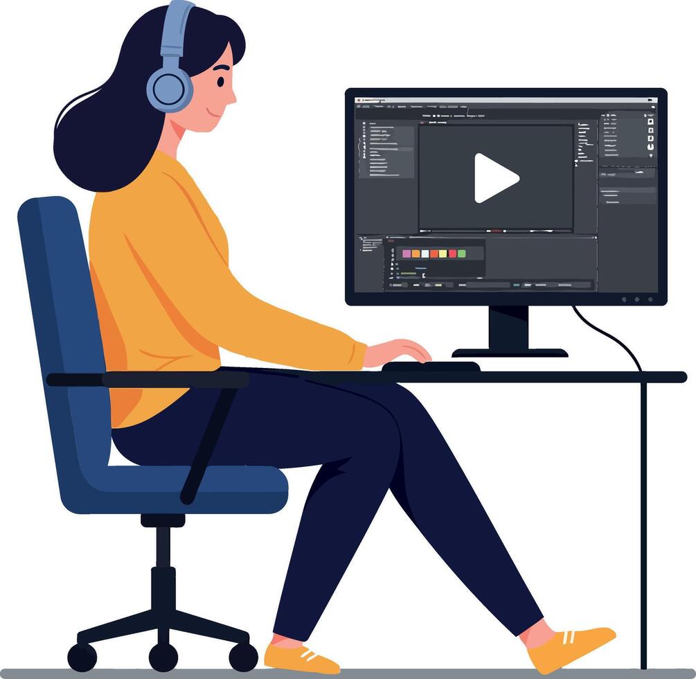 A woman wearing headphones works diligently at a desk on a computer, showcasing a modern flat design illustration vector