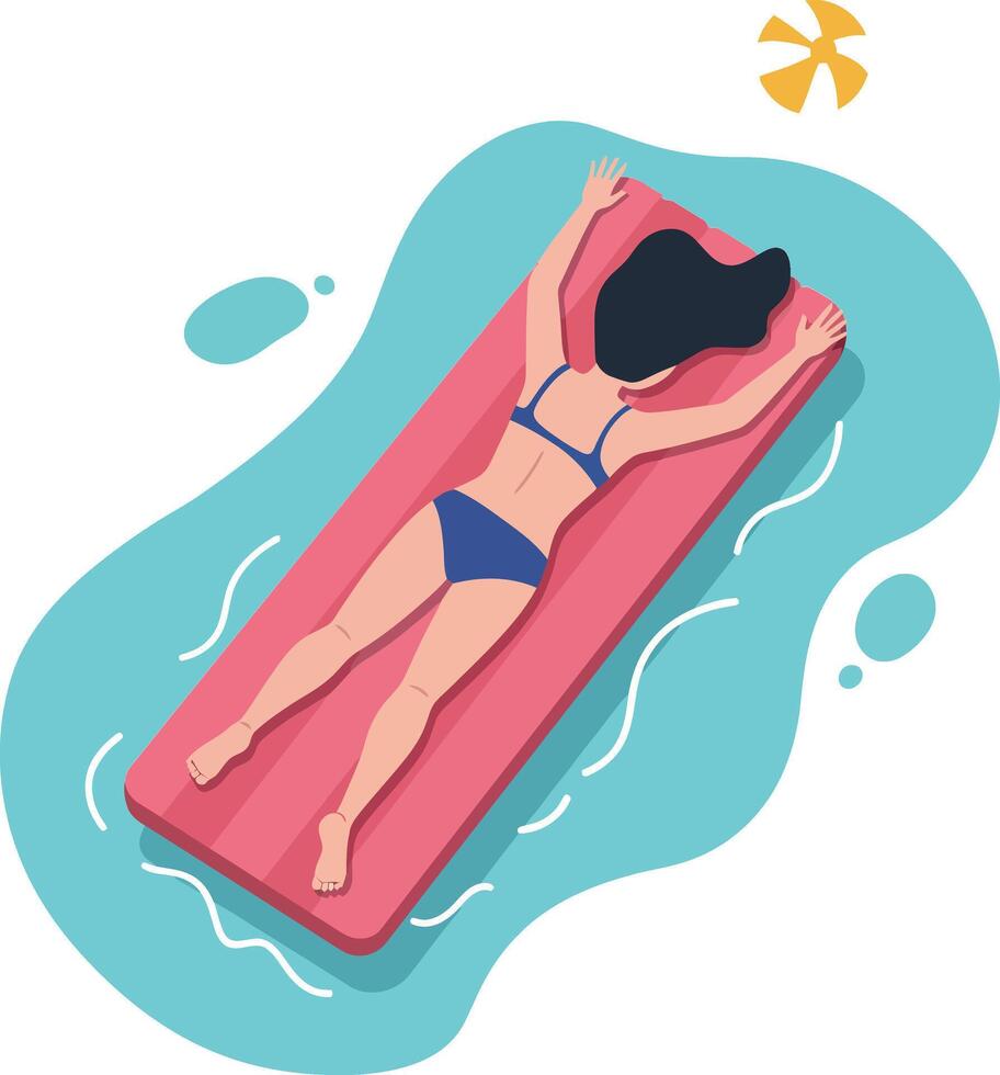 A woman relaxing on a pink float in clear water under a bright sun in a flat illustration vector