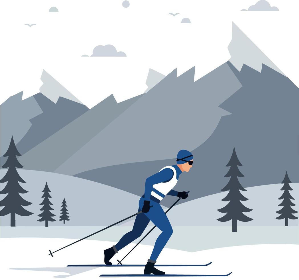 A focused skier gliding through a snowy landscape with majestic mountains in a minimal flat illustration vector