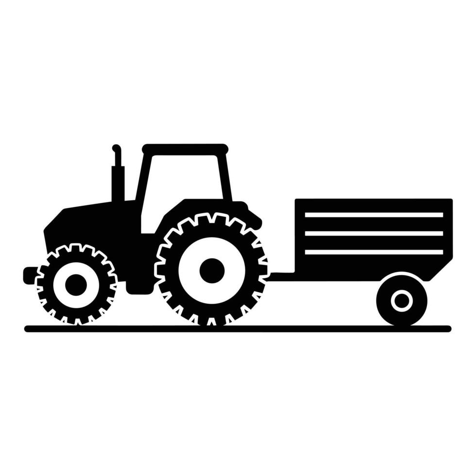Simple black and white illustration of a tractor pulling a trailer. vector