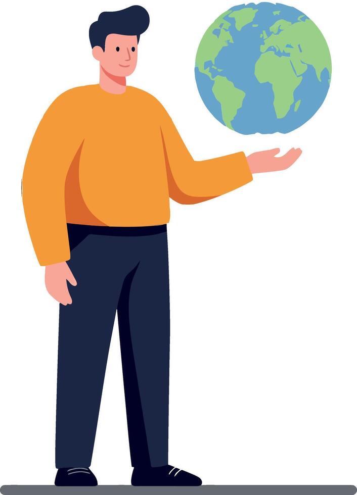 A young man in an orange sweater holding a globe, showcasing a flat design style in vibrant art vector