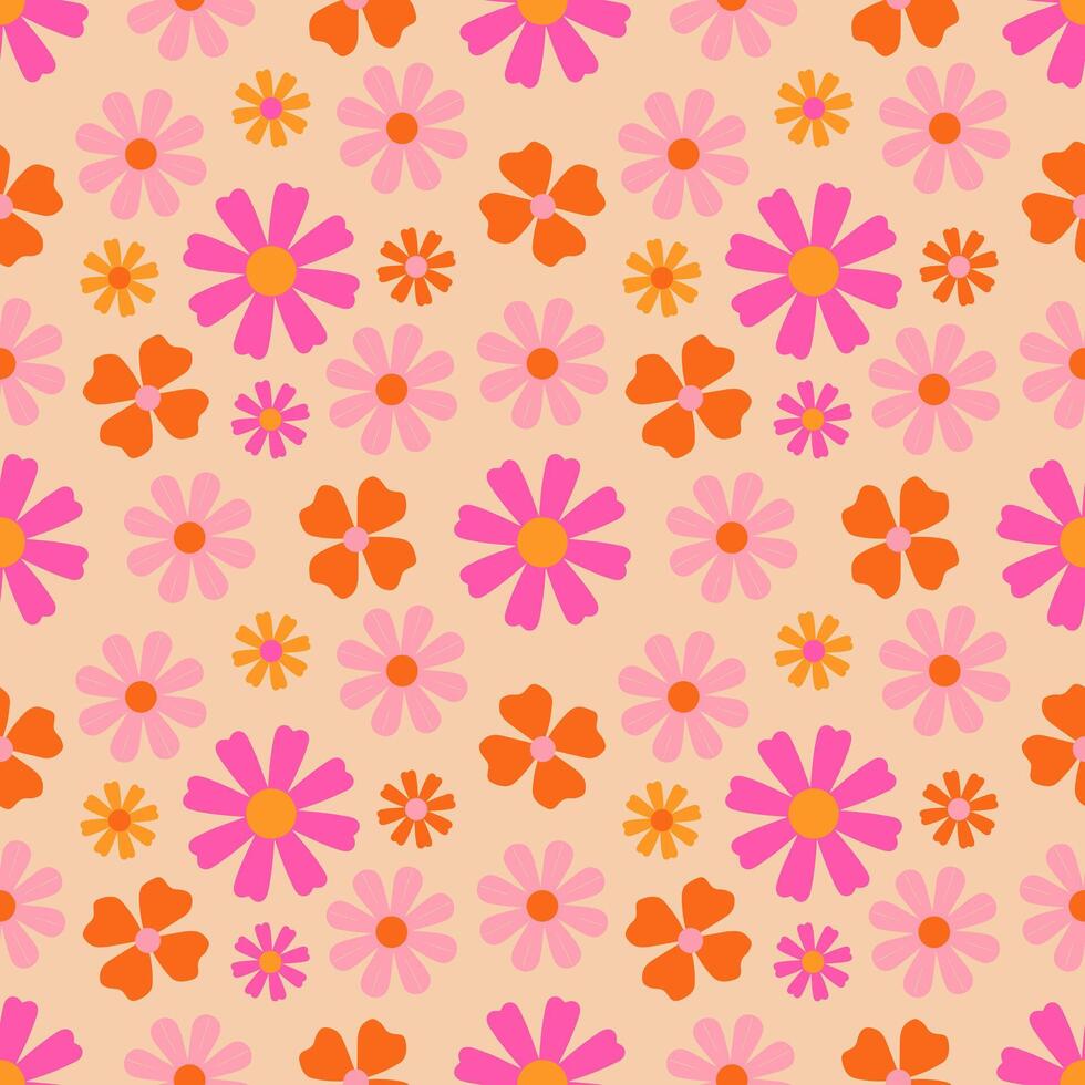 Seamless, summery, floral pattern with pink flowers on an orange background. vector