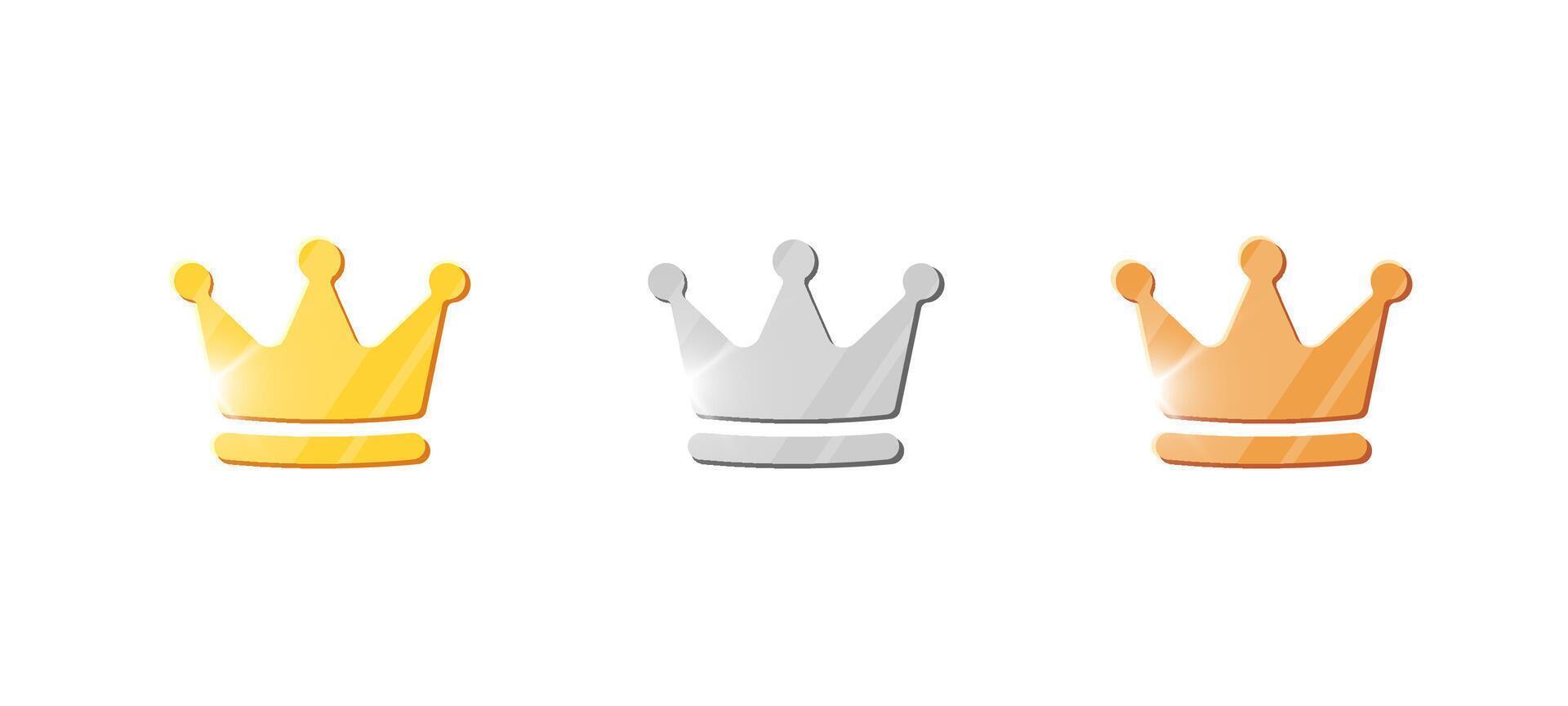 Set of golden, silver and bronze coins with royal crowns for game UI, casino or financial themes. Shiny 3D of jackpot, currency and treasure symbols for game, mobile app or arcade. vector