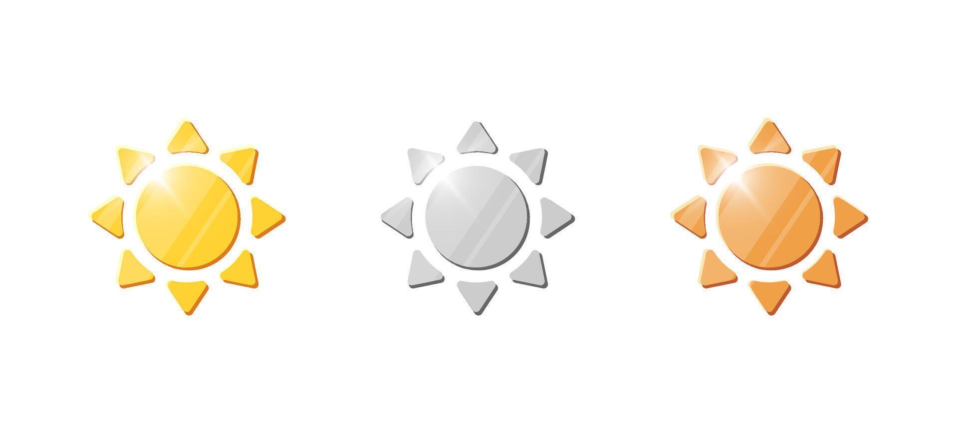 Set of golden, silver and bronze sun themed coins with ancient design. Shiny 3D illustration of jackpot, currency and treasure for game UI, casino, finance or gamification elements. vector