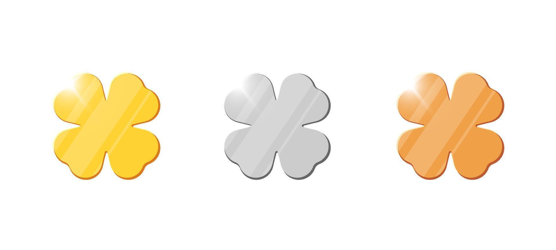 Set of golden, silver and bronze coins with four-leaf clover symbol. Shiny 3D illustration of lucky jackpot currency for game UI, casino, finance or gamification elements. vector
