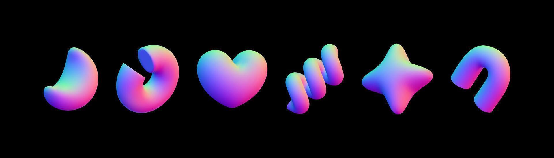 Colorful geometric 3D figures made of plastic with a reflective fiber showcase modern design aesthetics and playful shapes resembling Y2K trends. vector