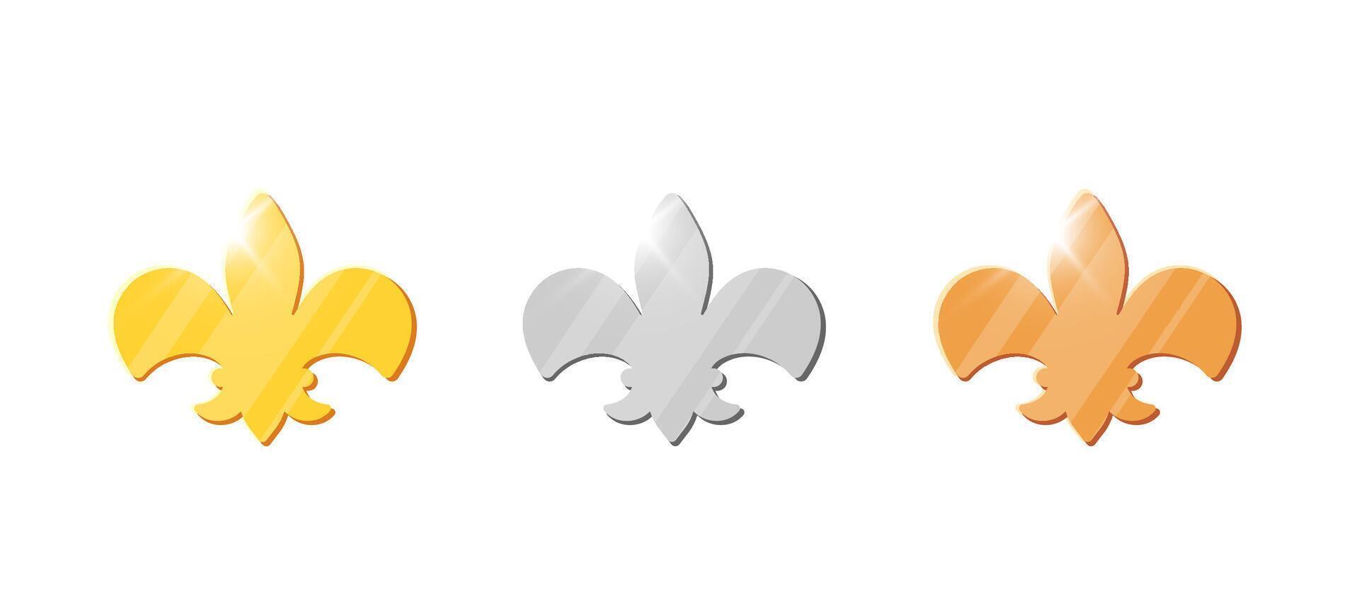 Set of golden, silver and bronze coins with regal knightly symbols. Shiny 3D illustration of jackpot currency for game UI, casino, finance or gamification elements. vector