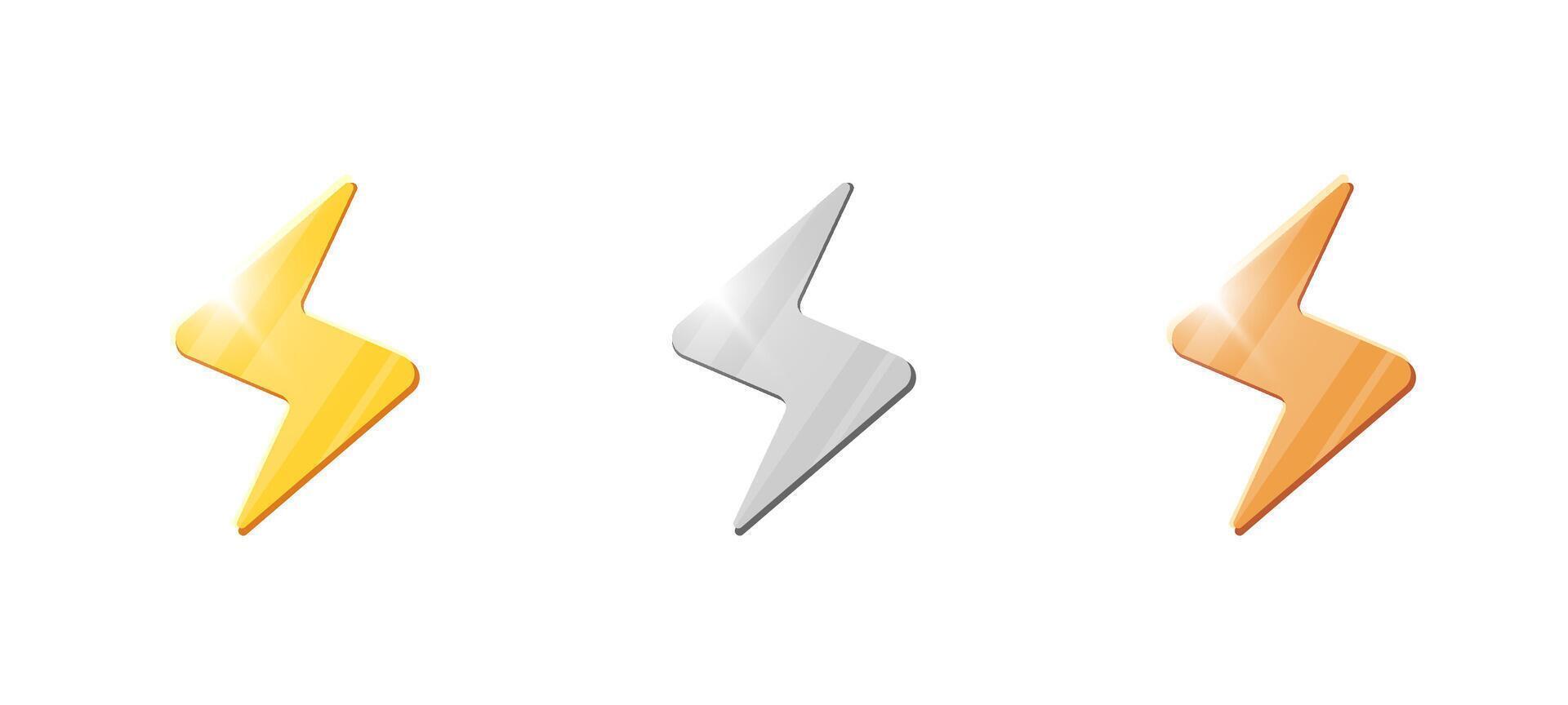 Set of golden, silver and bronze coins with lightning bolt symbols. Shiny 3D illustration of fast jackpot currency for game UI, casino, finance or gamification elements. vector
