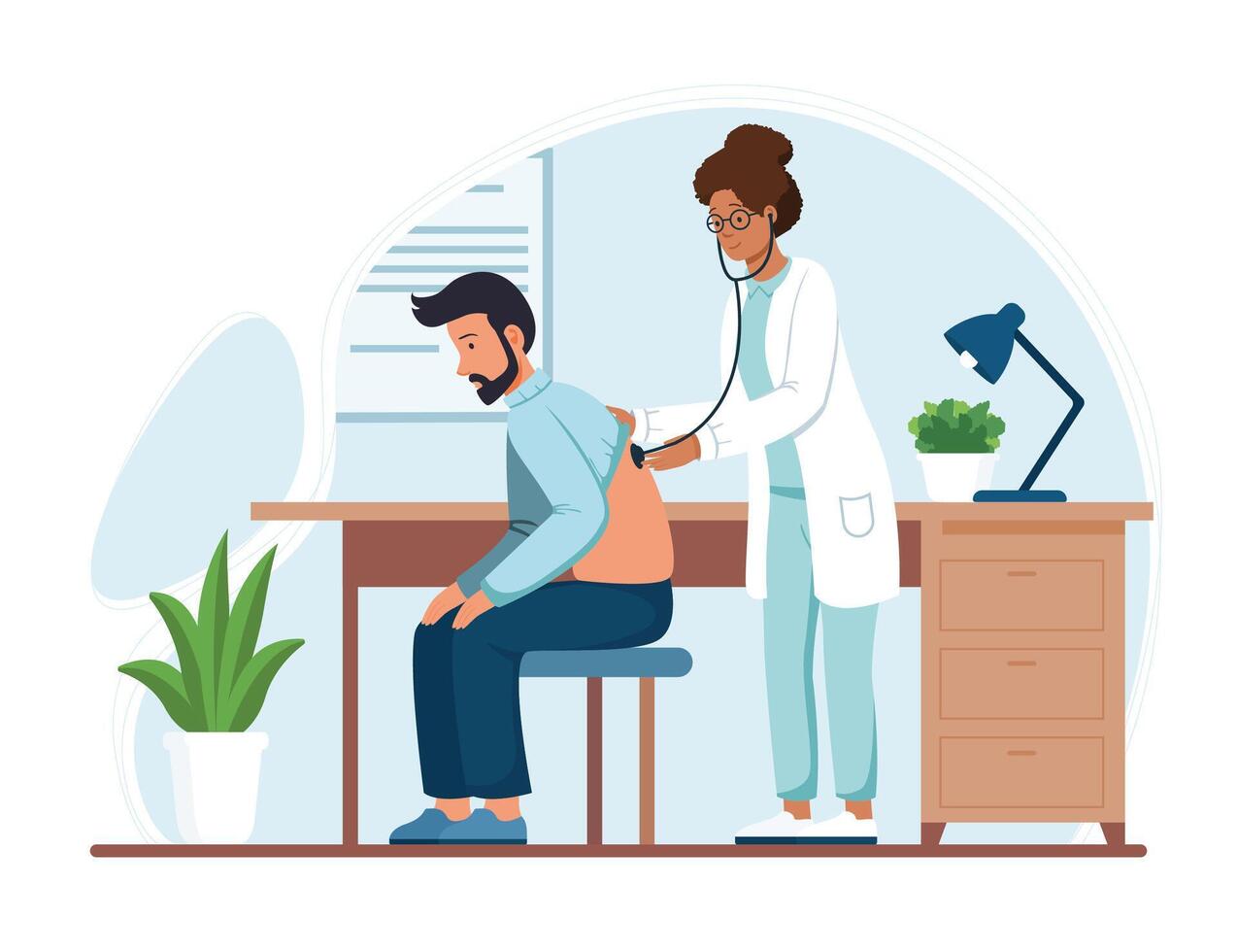 Doctor Examining Male Patient with Stethoscope. vector