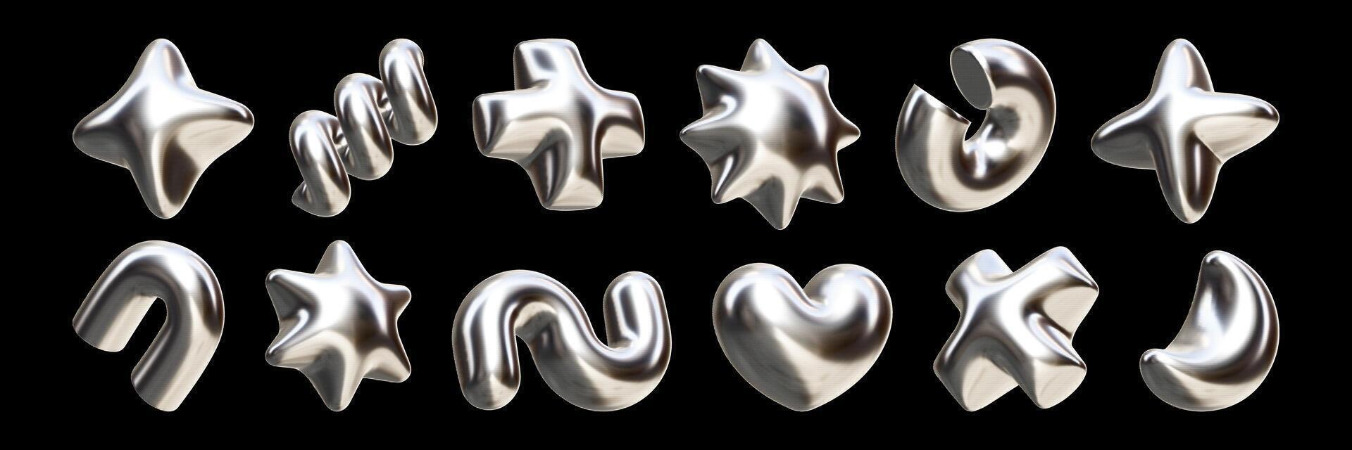A collection of unusual geometric shapes showcases a striking metallic finish, combining retro aesthetics with modern design elements. vector