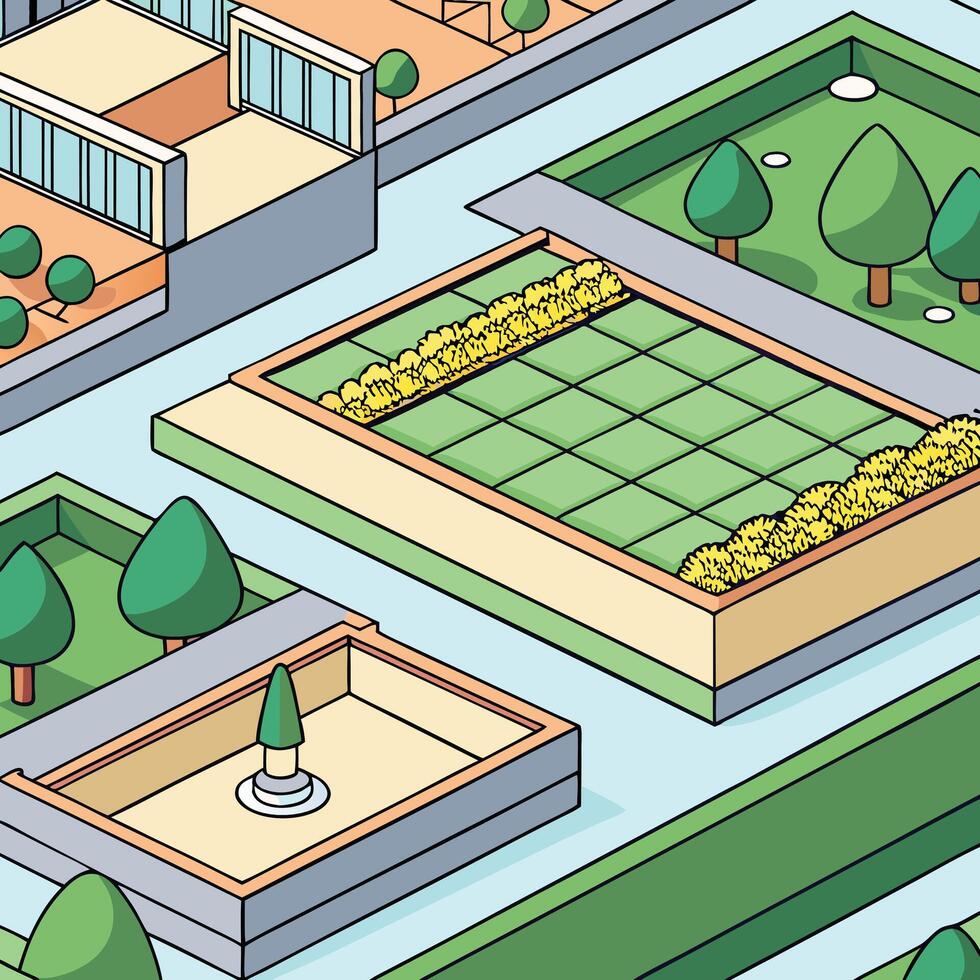Isometric View of a Modern Garden Design Featuring Geometric Landscaping and Architectural Elements vector