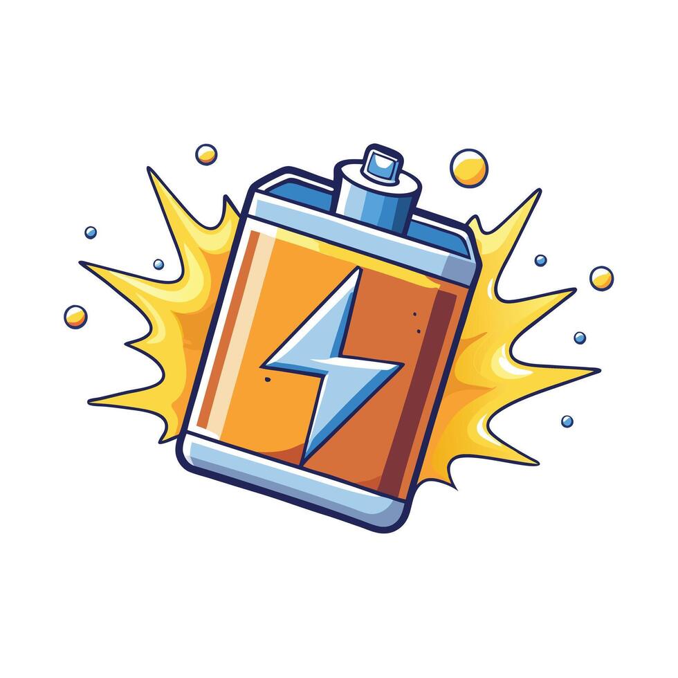 Powerful Energy Battery Cartoon Illustration with Yellow Burst Graphic Design vector