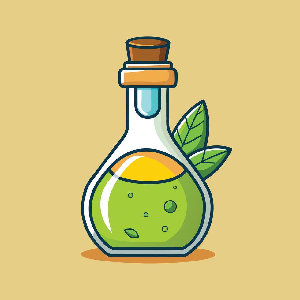 Aromatic Herbal Essential Oil in Glass Bottle with Cork Stopper and Leaves vector