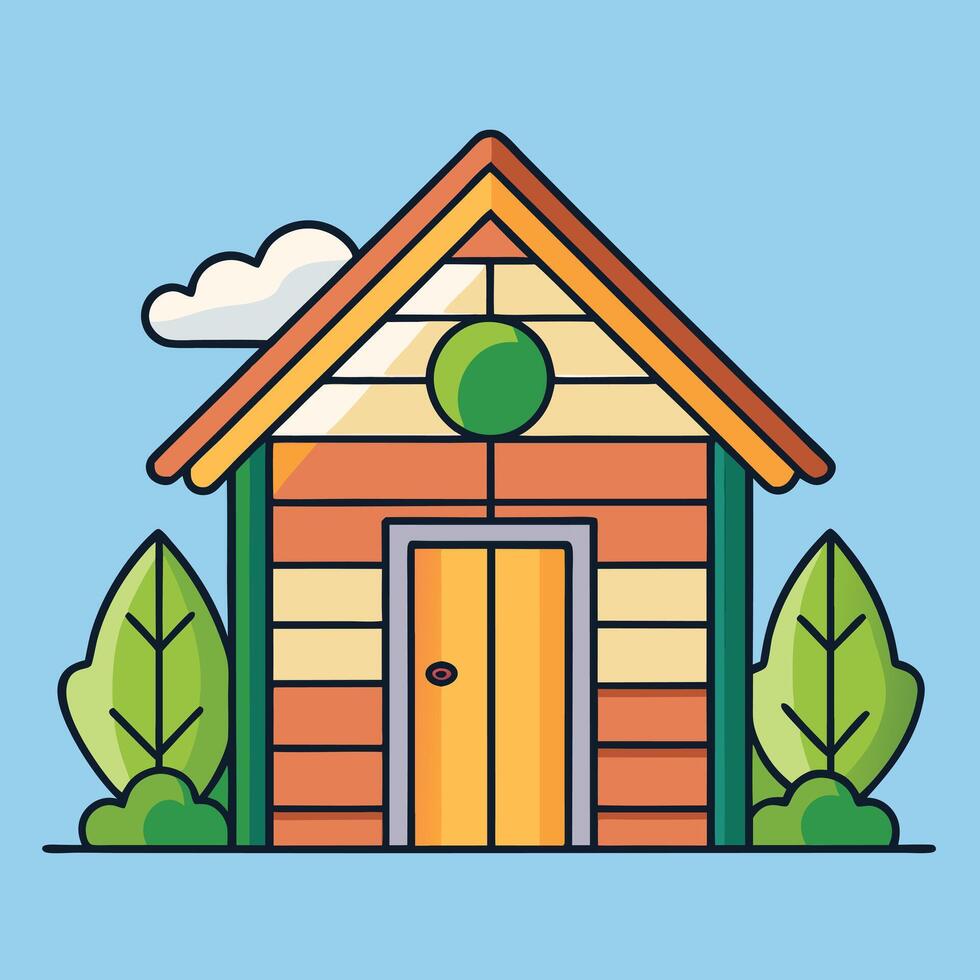 Charming Cartoon House Illustration with Green Leaves and Blue Sky Background vector