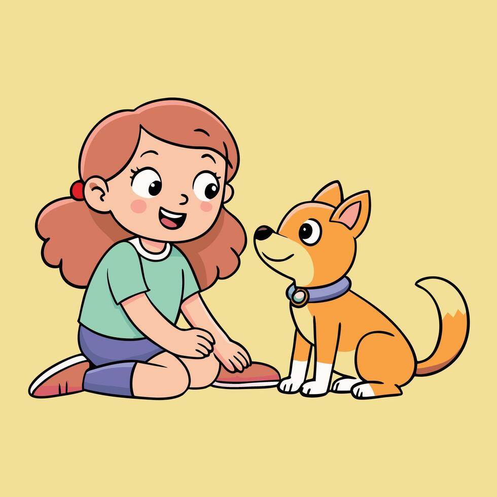 Adorable Little Girl Kneeling and Talking to Her Cute Orange Puppy Dog vector