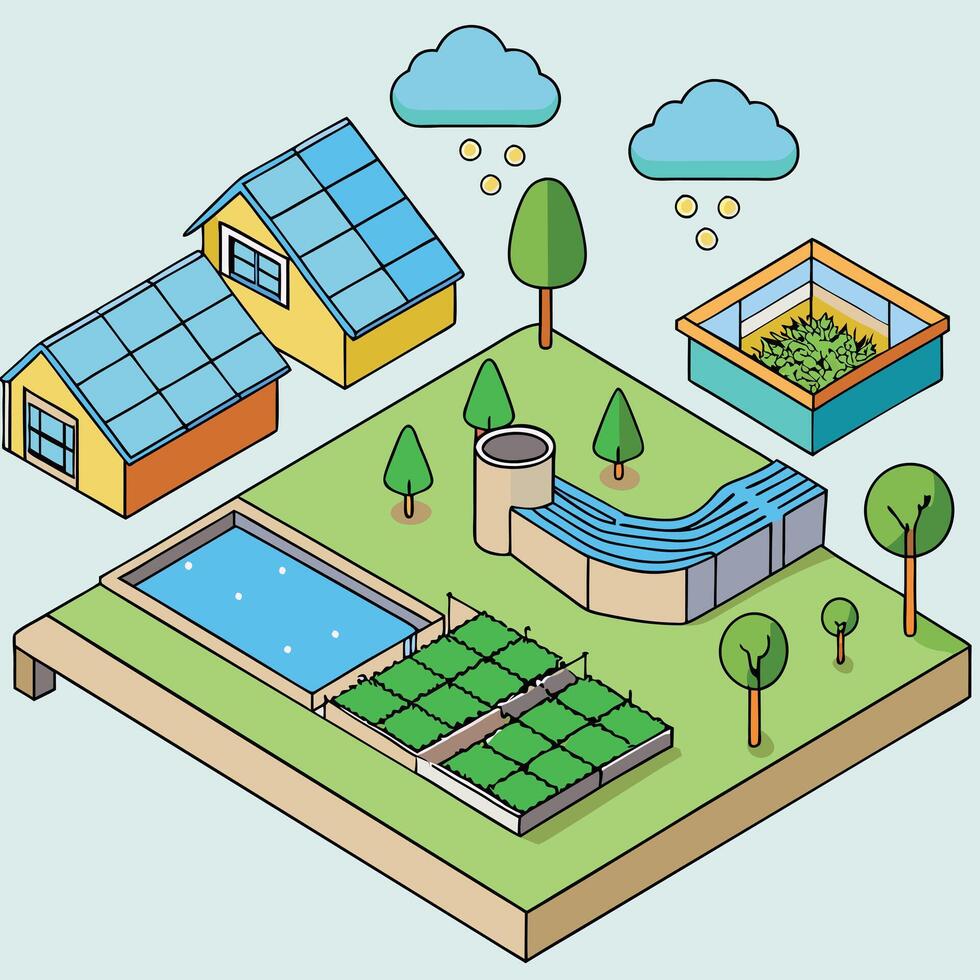 Sustainable Farm with Solar Panels Water Recycling and Hydroponic System vector