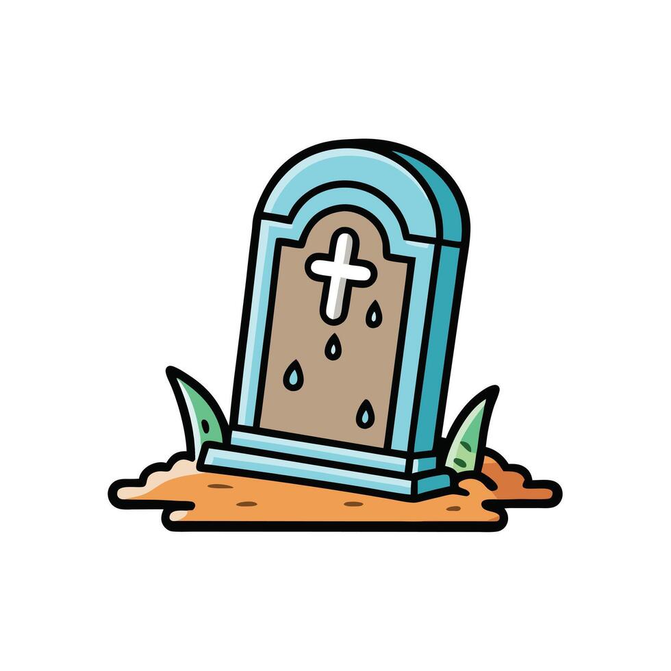Cartoon illustration of a single grave with a blue headstone and a cross vector