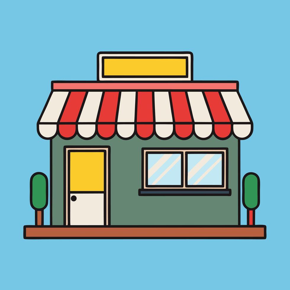 A Simple Cartoon Illustration of a Small Retail Store Building with Red and White Striped Awning vector