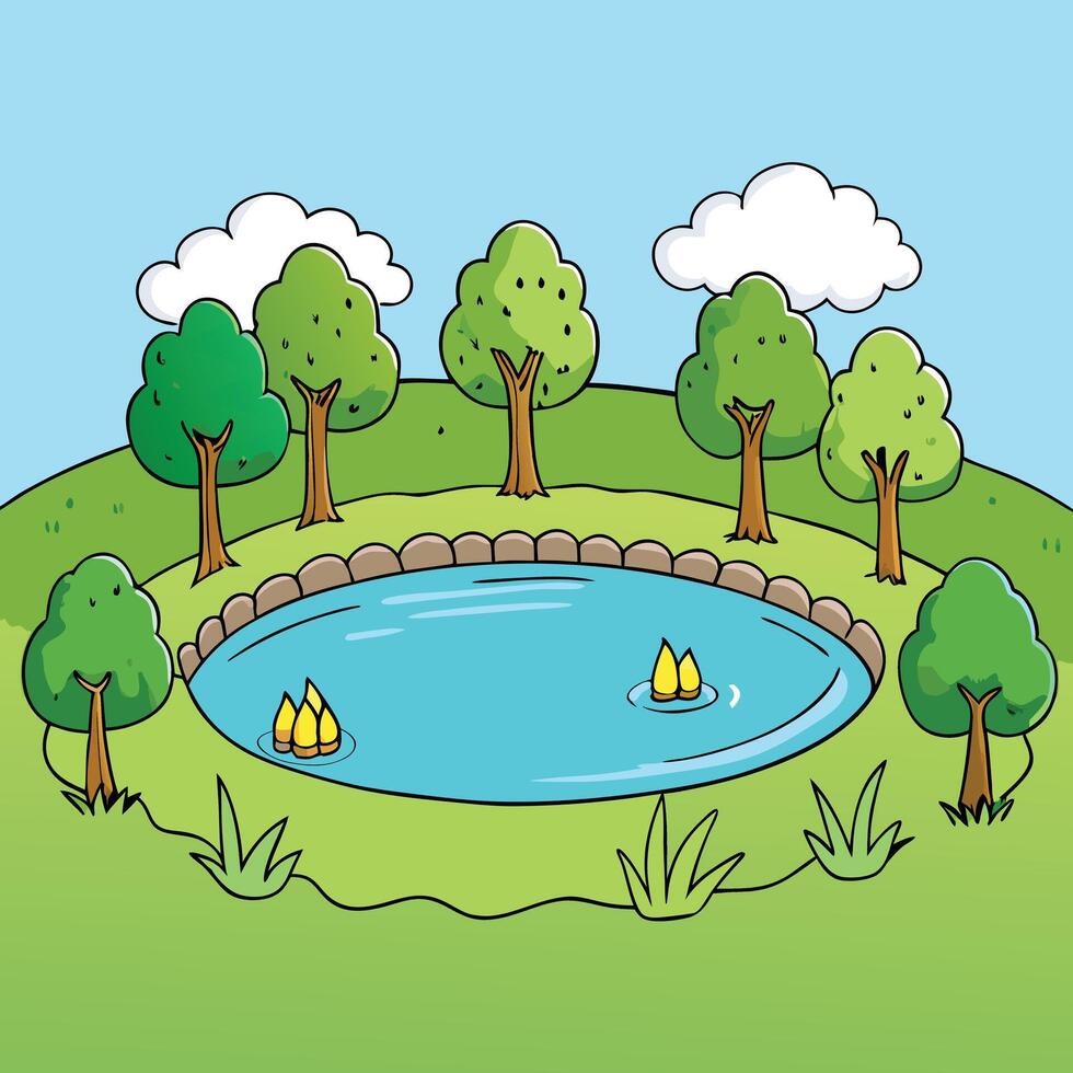 Serene Pond Landscape with Lush Green Trees and Tiny Sailboats vector