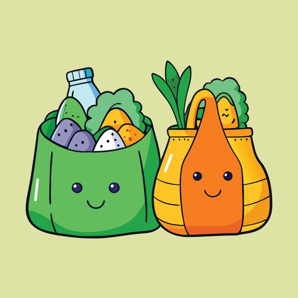 Adorable Cartoon Grocery Bags Filled with Fresh Produce and a Drink vector