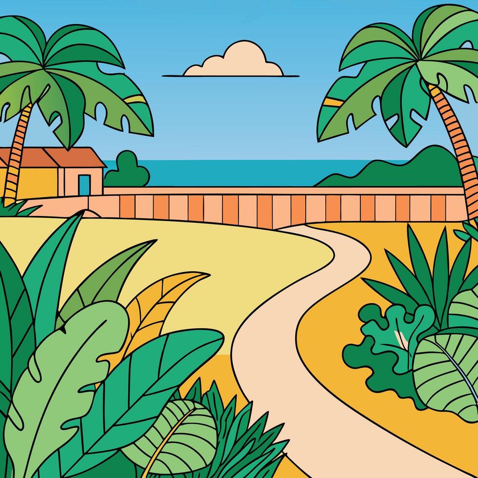Serene Tropical Beachfront Pathway with Lush Greenery and Palm Trees vector