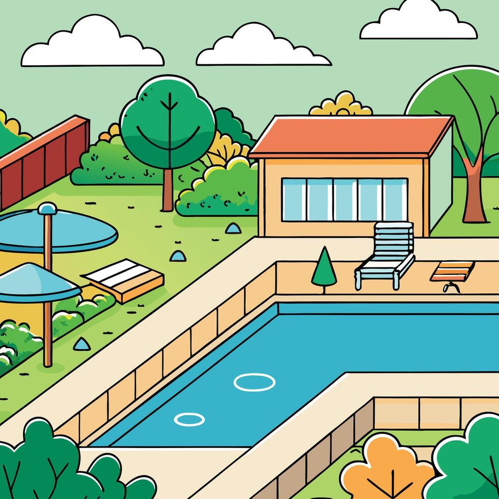 Summer Backyard Poolside Paradise with Lush Greenery and Modern House vector