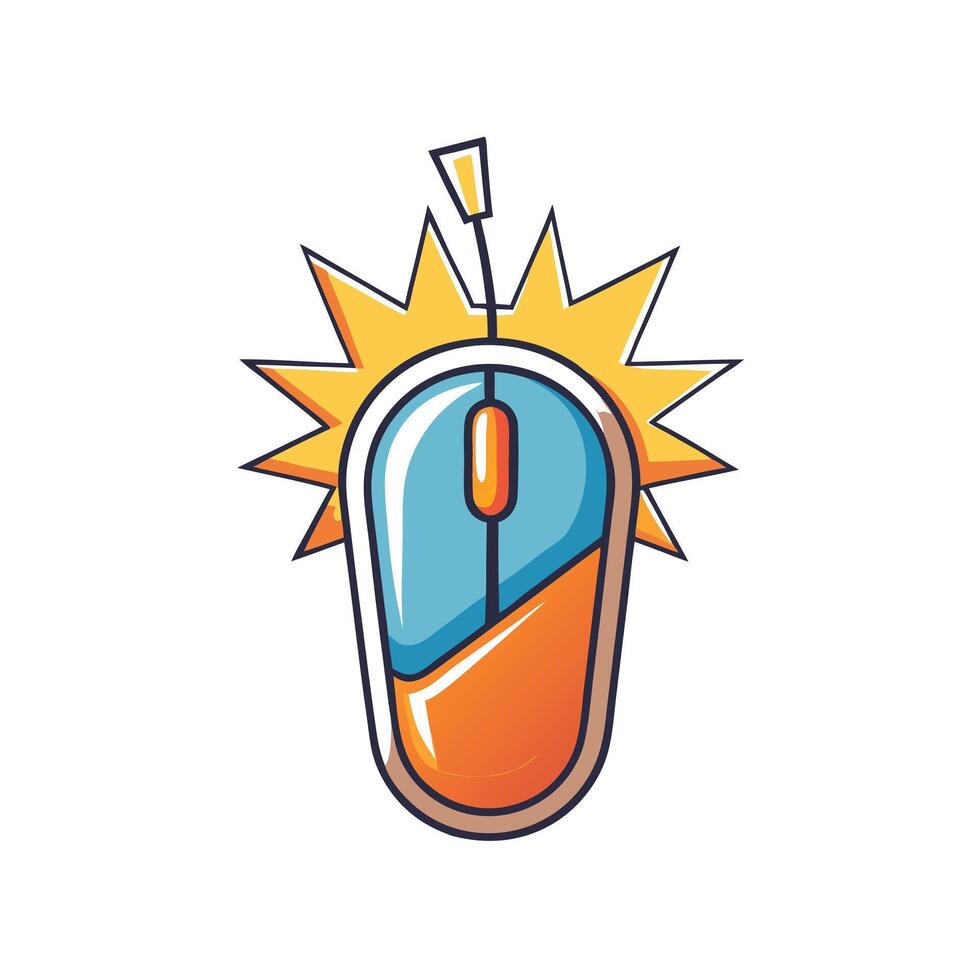 A vibrant illustration of a computer mouse with a sunburst effect symbolizing speed and efficiency vector