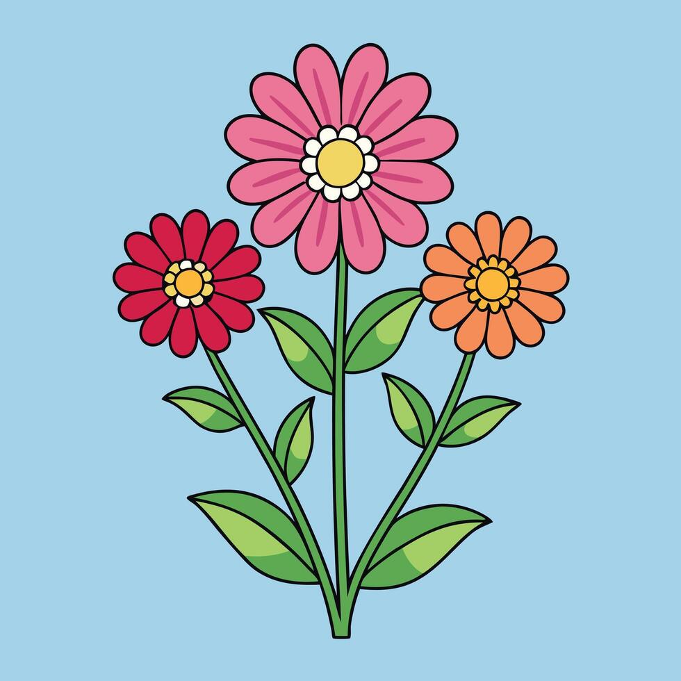 Vibrant Bouquet of Three Colorful Flowers with Lush Green Leaves vector