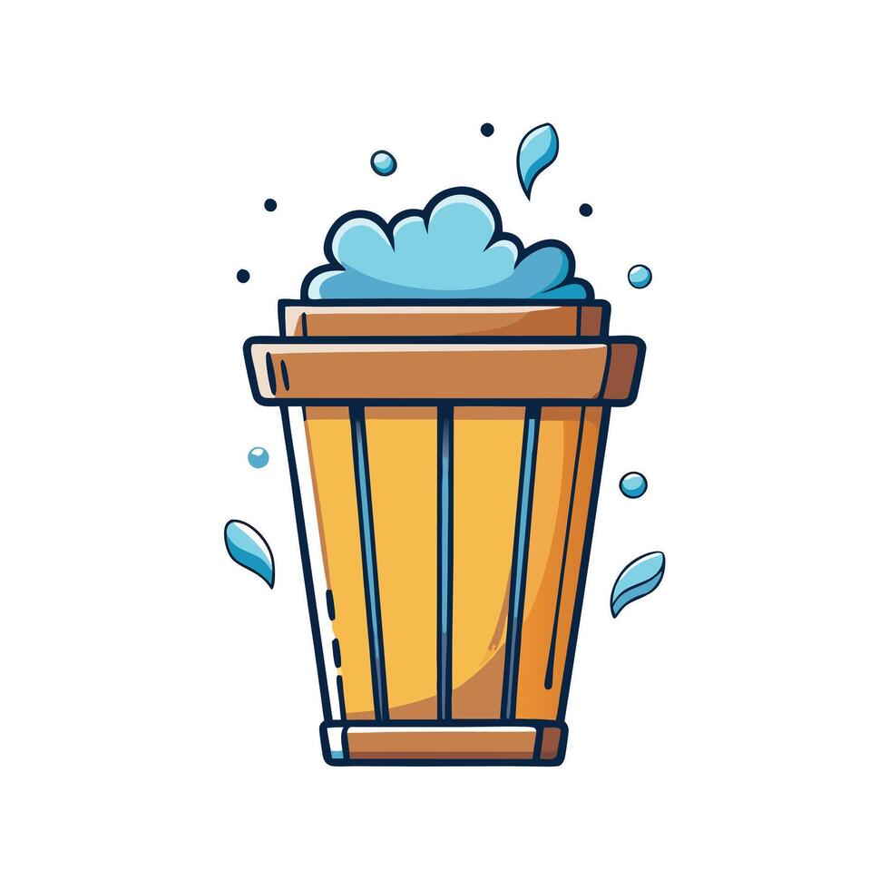 A cartoon drawing of a wooden bucket overflowing with water splashes vector