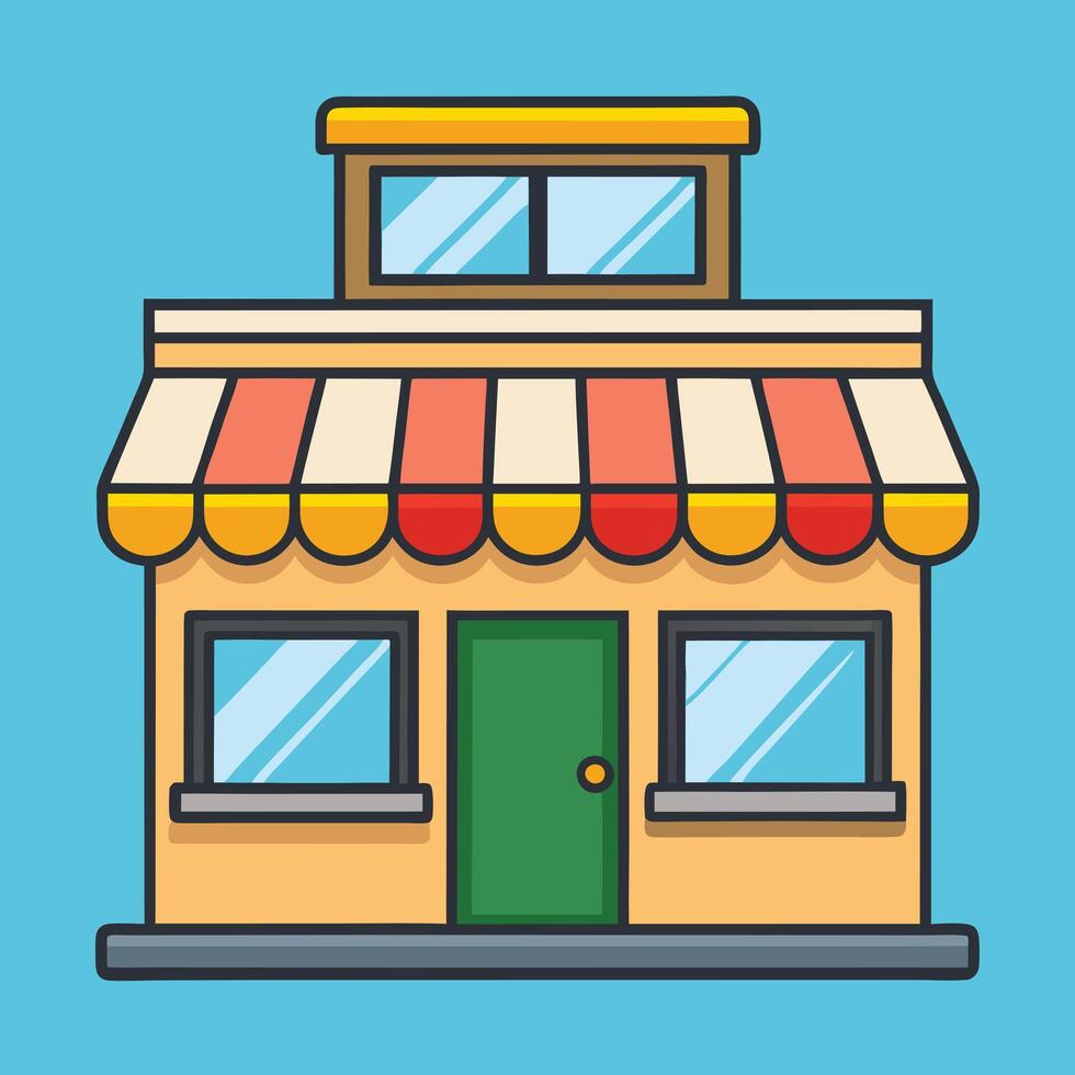 A Charming Small Business Store Front with Striped Awning and Rooftop Window vector