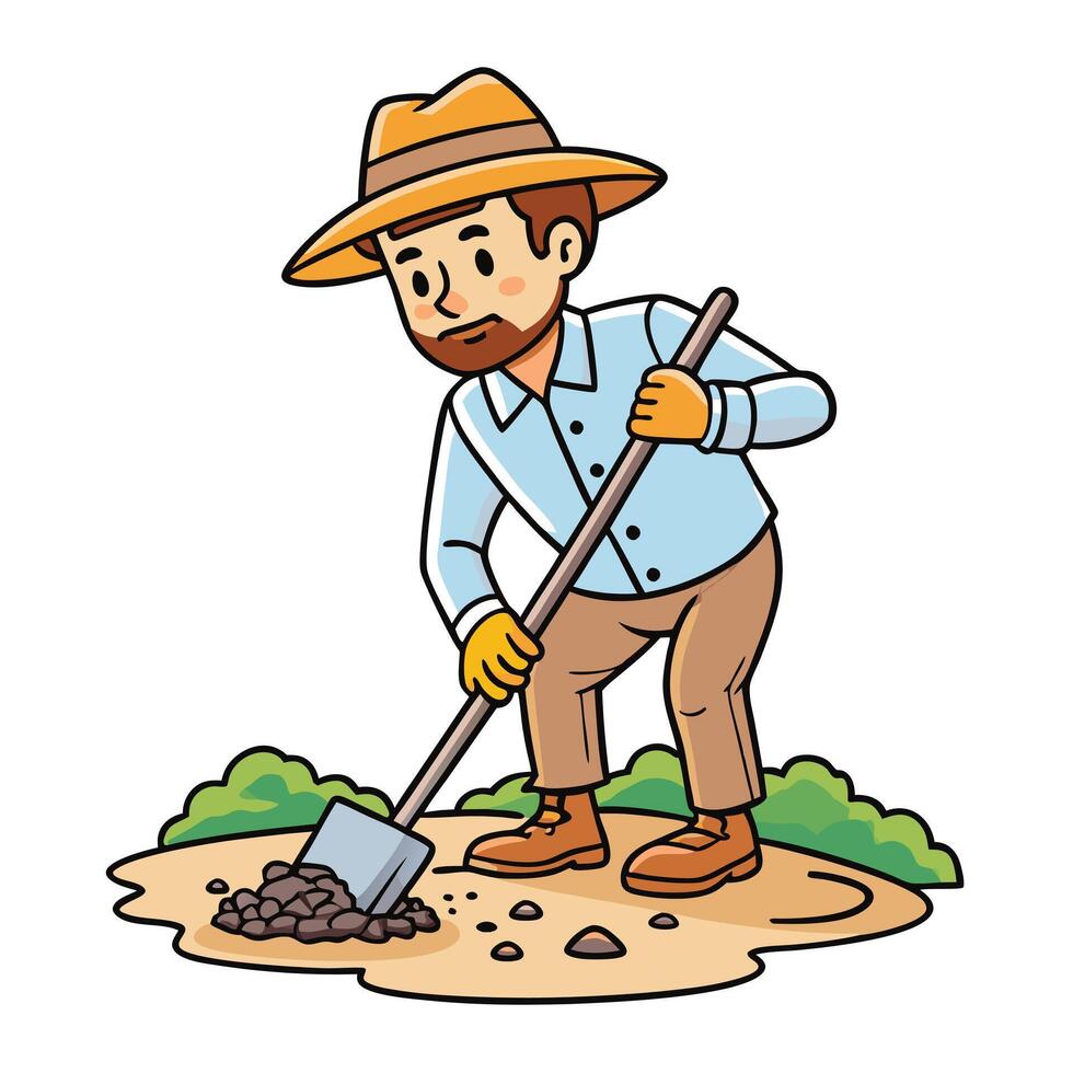 A cartoon illustration of a man digging in the garden with a shovel vector