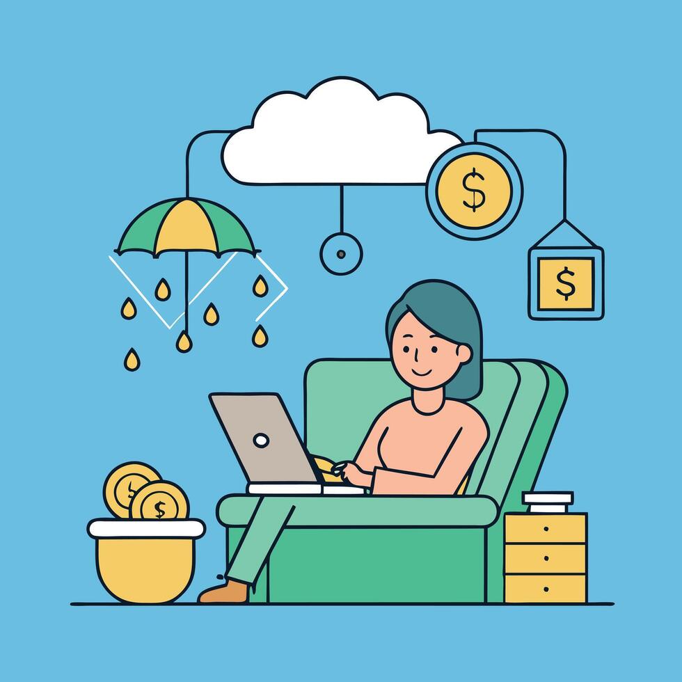 Woman Working on Laptop with Financial Security and Cloud Savings vector