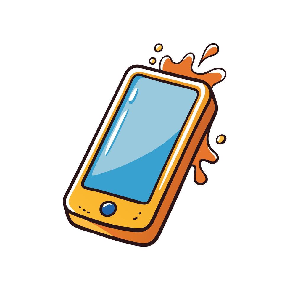 A cartoon drawing of a yellow smartphone with orange liquid splashing on it vector