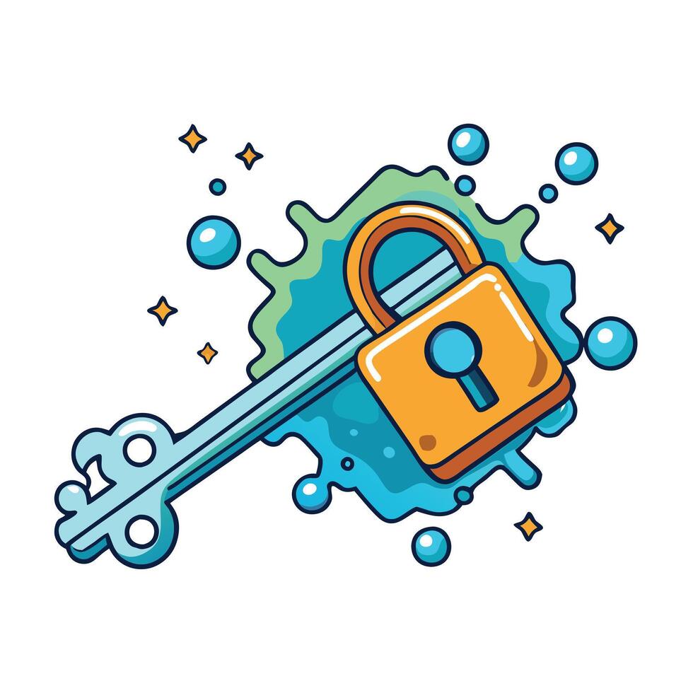A vibrant illustration of a key unlocking a padlock in a splash of blue and green paint vector