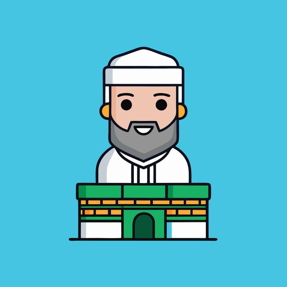 Cartoon Illustration of a Muslim Man in Front of the Kaaba in Mecca vector