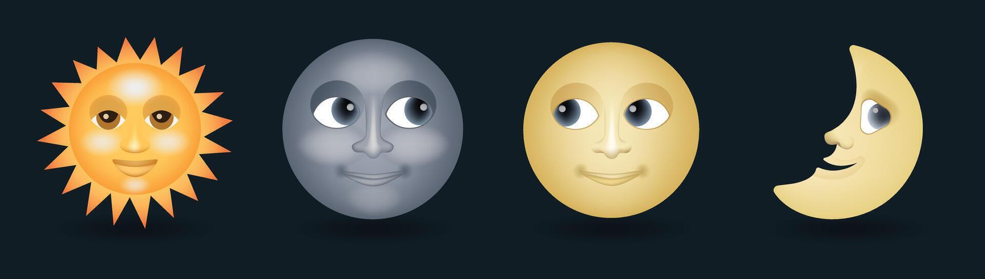 Sun with smiling face, half and full moon face illustration isolated on dark background vector