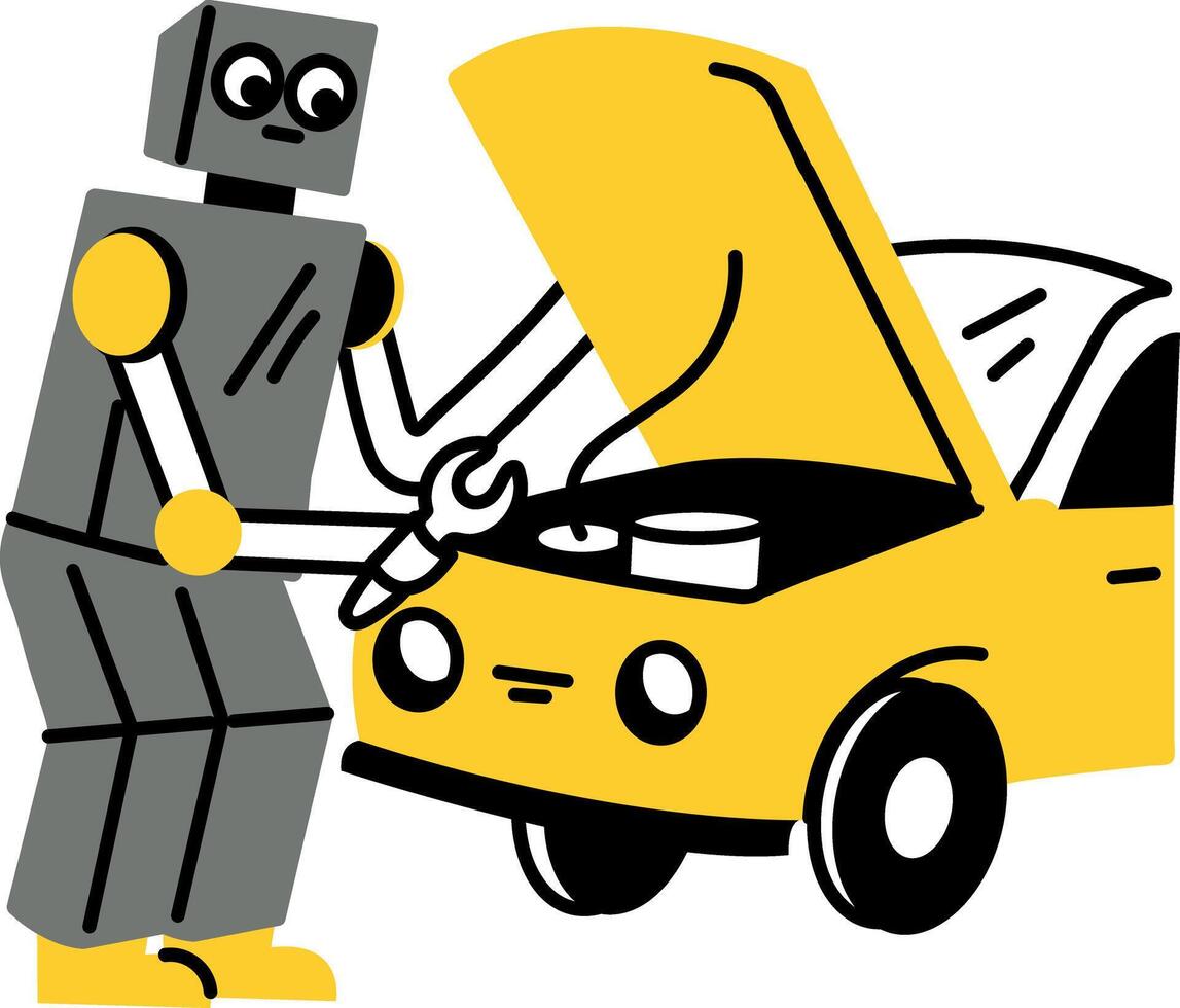 A flat style illustration of a robot repairing car vector